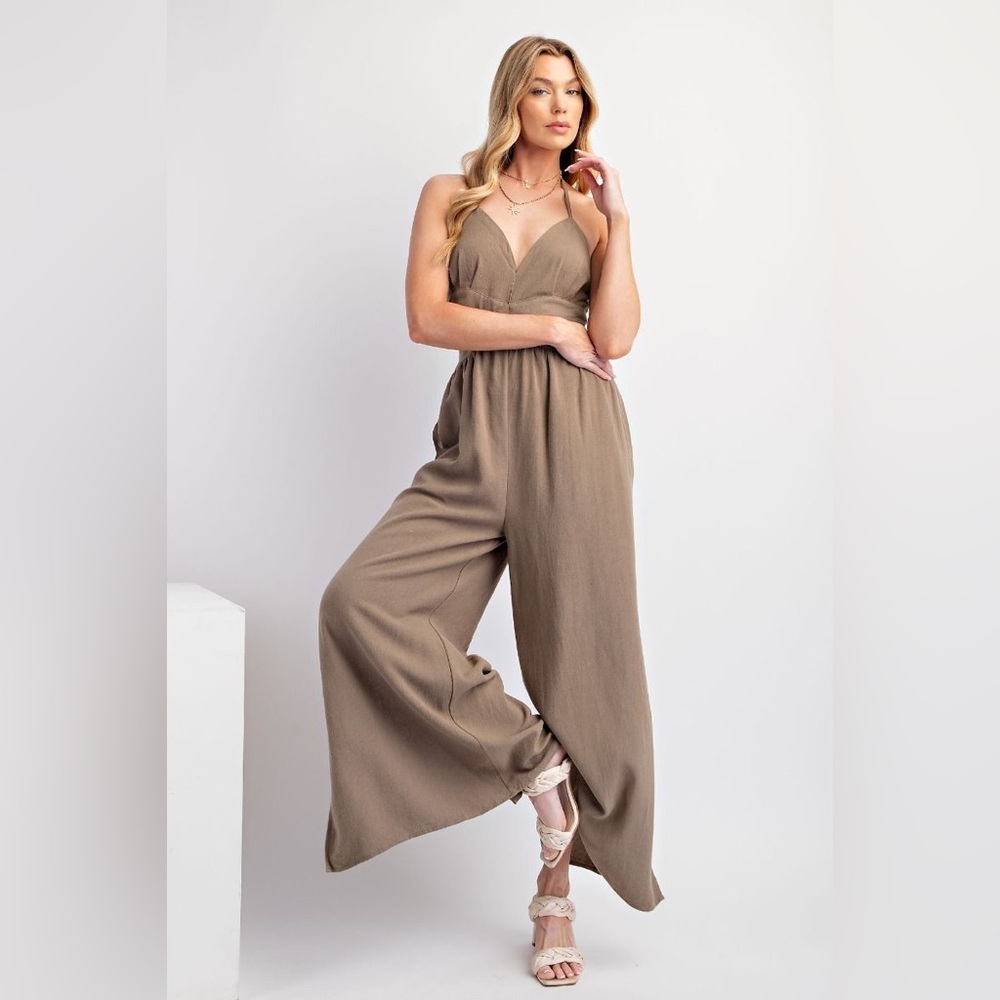 EASEL Linen Halter Neck Jumpsuit (Olive Grey) cutout sides